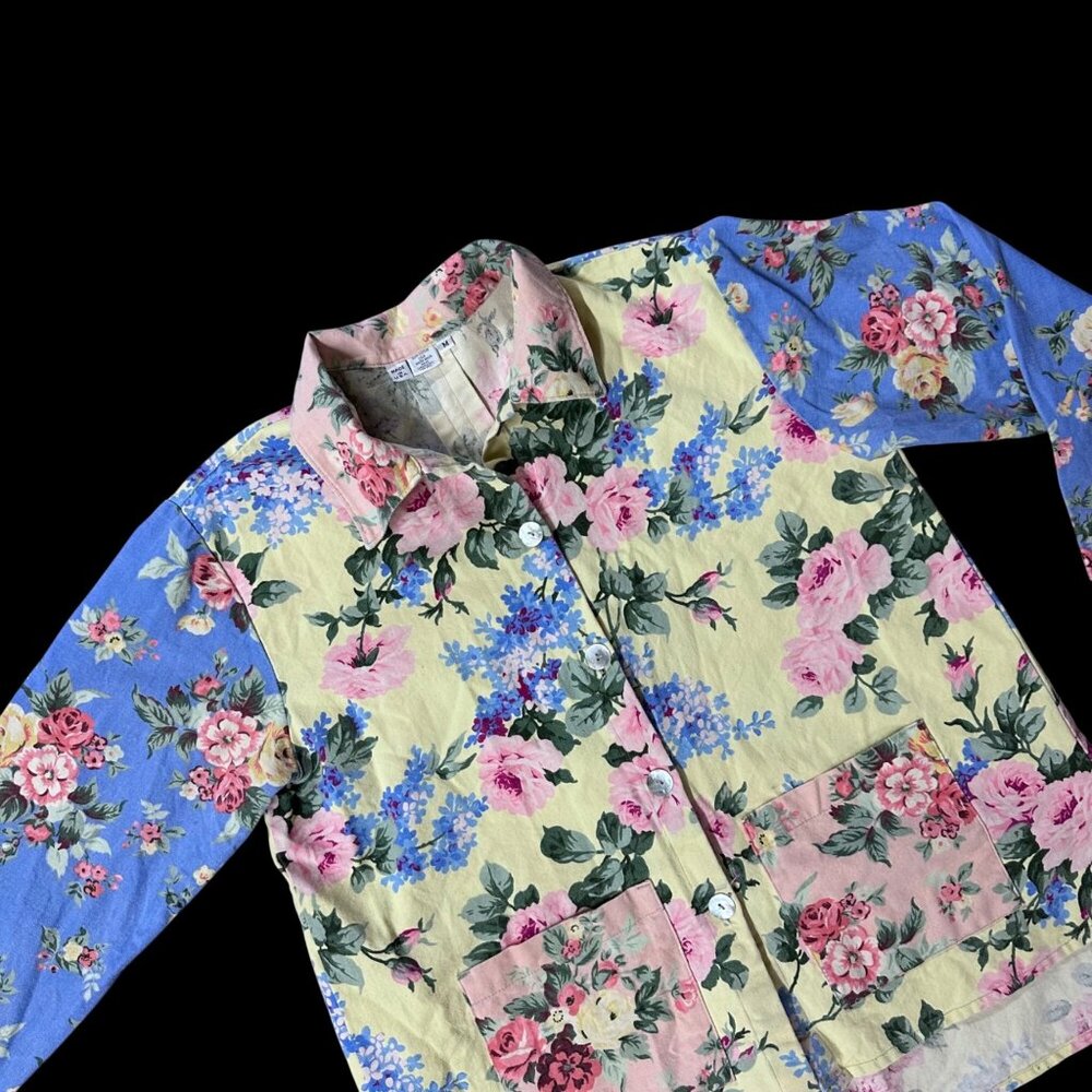 Vintage Floral Blazer Jacket Button Up Medium Romantic Blue Yellow 90s Cottage